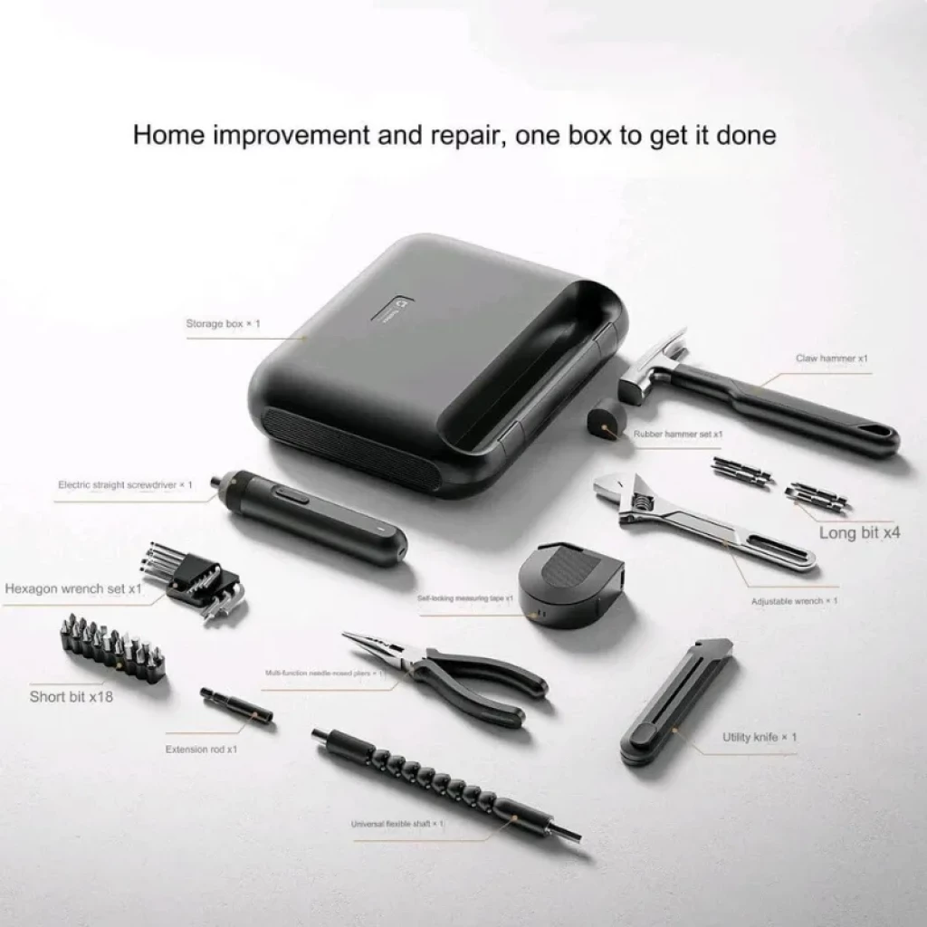 Maletín compacto con destornillador eléctrico, puntas, llave ajustable, martillo y alicates