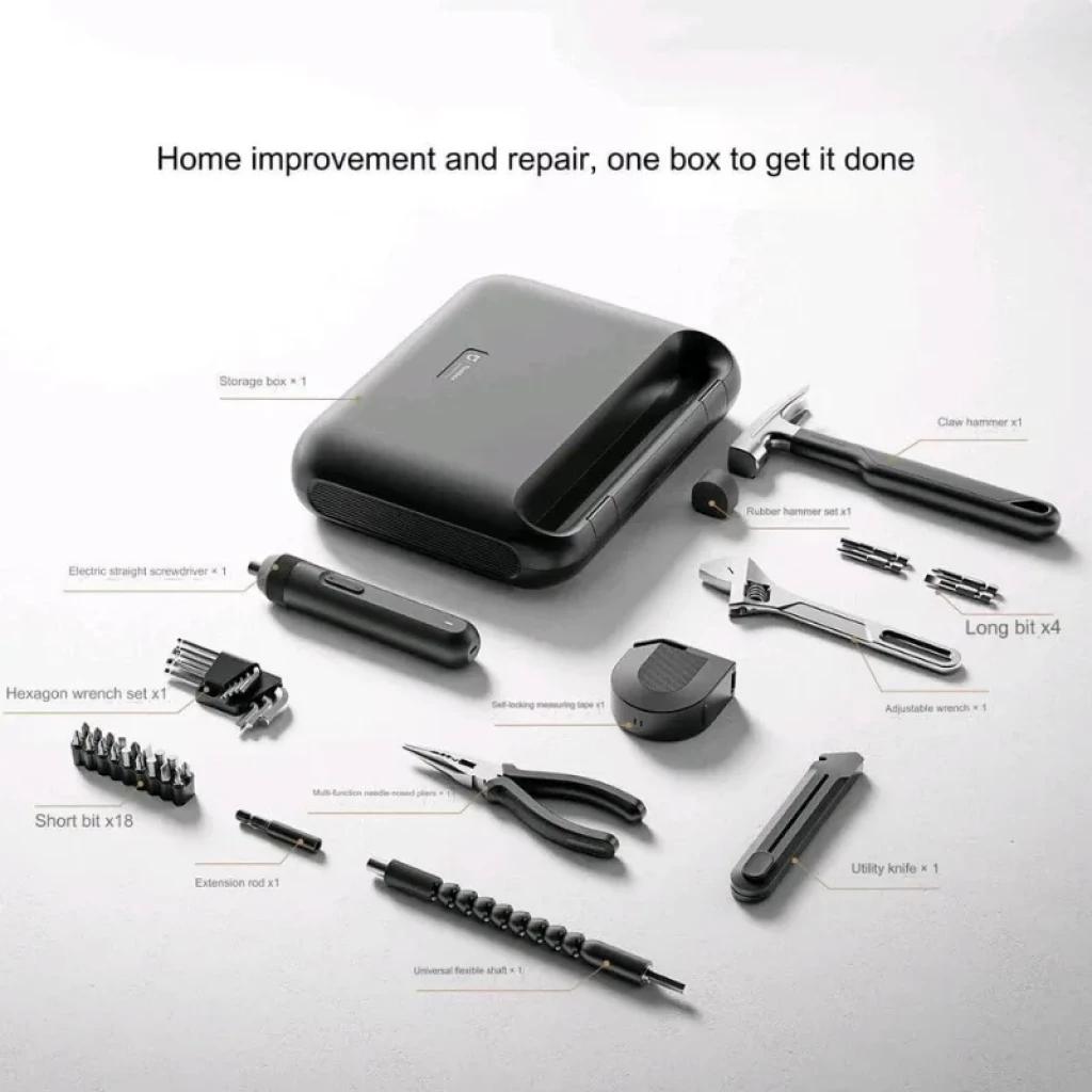 Maletín compacto con destornillador eléctrico, puntas, llave ajustable, martillo y alicates