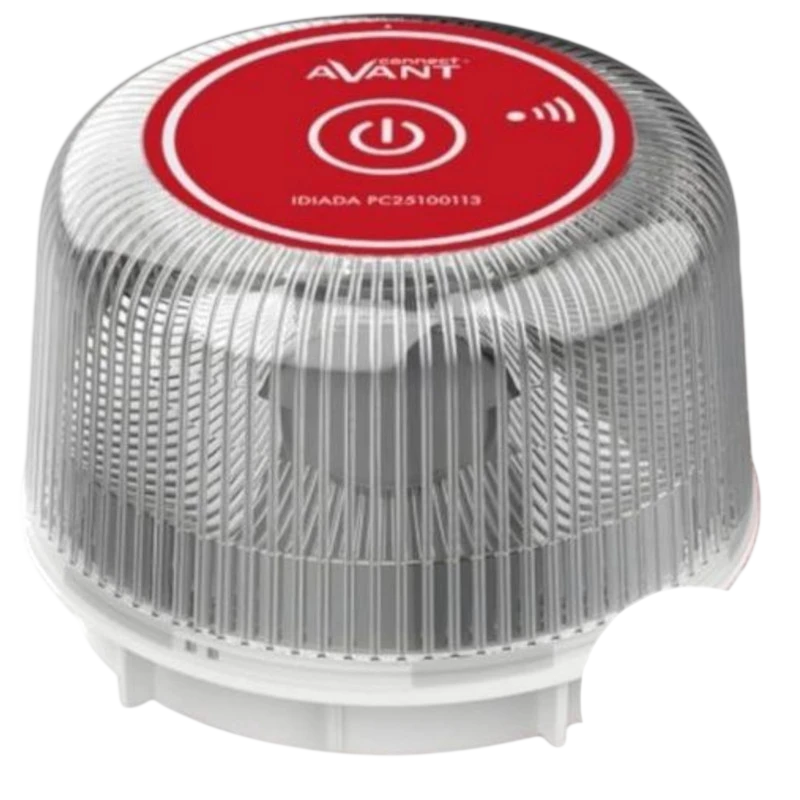 Baliza de emergência Avant AV1201 V16 com luz LED âmbar, cúpula translúcida e tampa vermelha com botão de energia e indicador GPS, homologada DGT 3.0