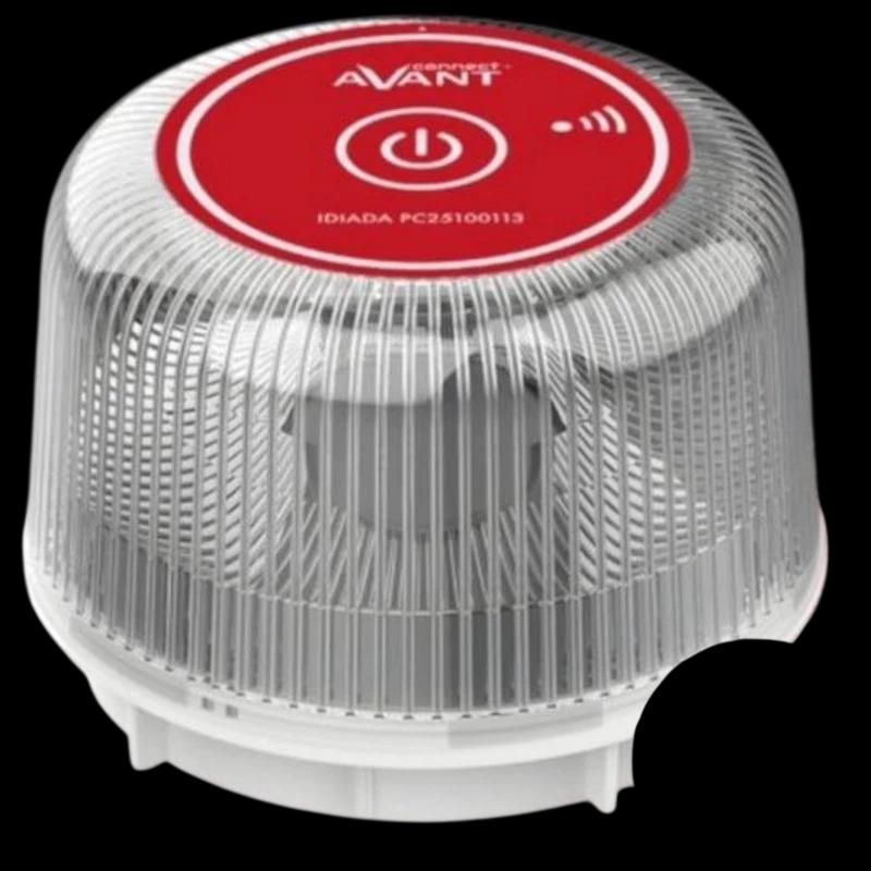 Baliza de emergência Avant AV1201 V16 com luz LED âmbar, cúpula translúcida e tampa vermelha com botão de energia e indicador GPS, homologada DGT 3.0