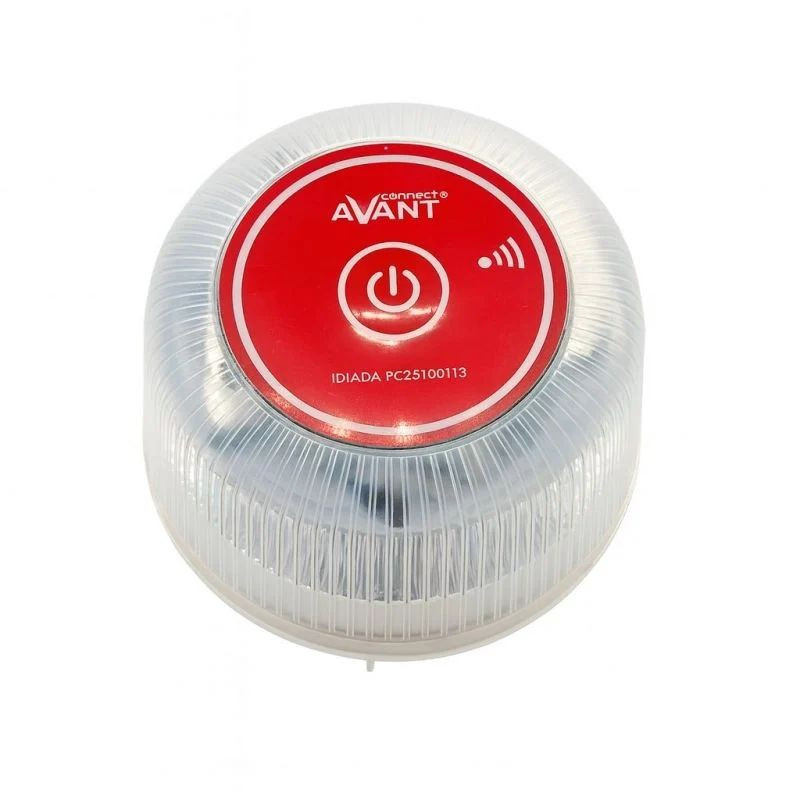 Avant AV1201 V16 Connected Homologada DGT 3.0 baliza de emergência geolocalizável, tampa translúcida, topo vermelho com botão power e ícone de sinal