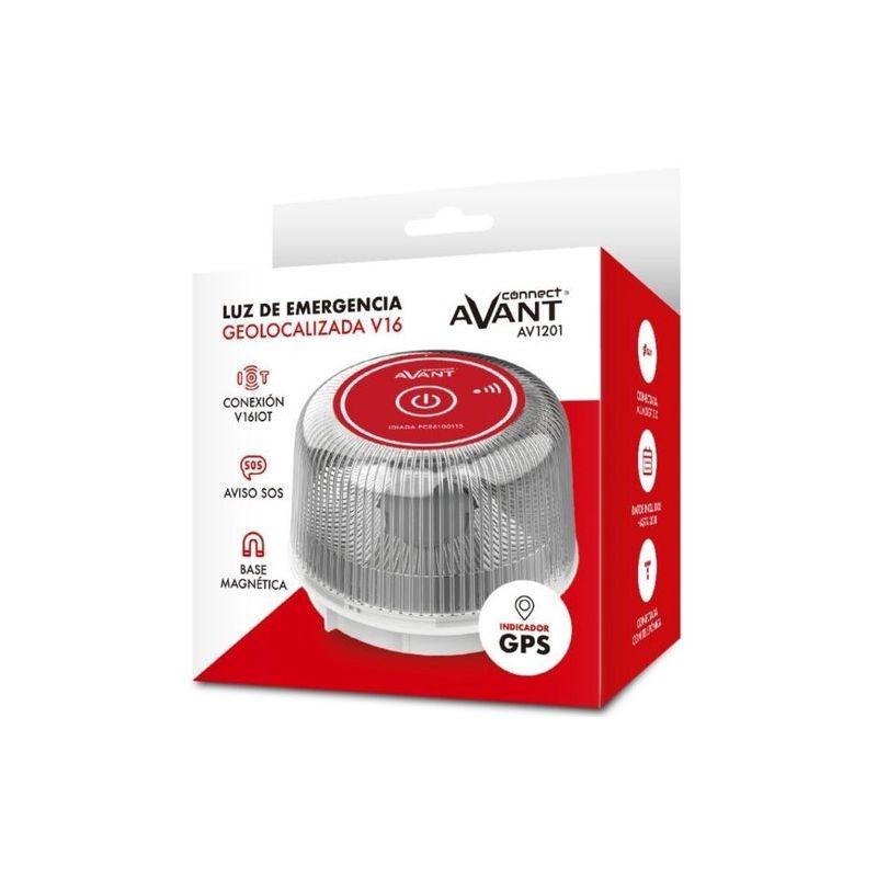 Avant AV1201 V16 baliza de emergência com LED branco, corpo transparente estriado, botão central vermelho, base magnética e indicação de GPS conectável