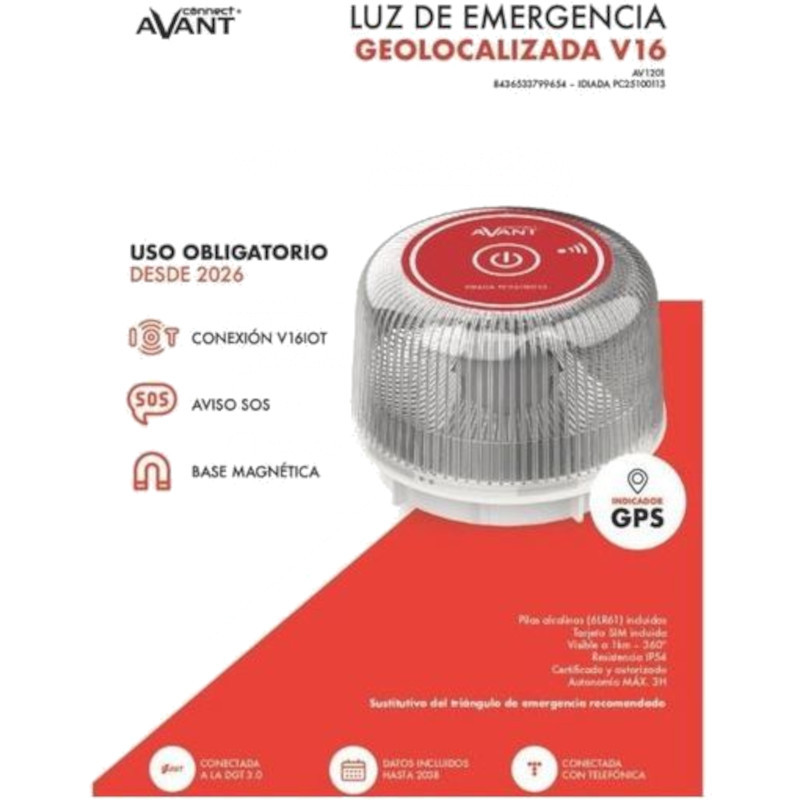Baliza de emergência Avant AV1201 V16 com luz LED vermelha, base magnética, botão SOS, conectividade V16IoT e geolocalização GPS, homologada DGT 3.0