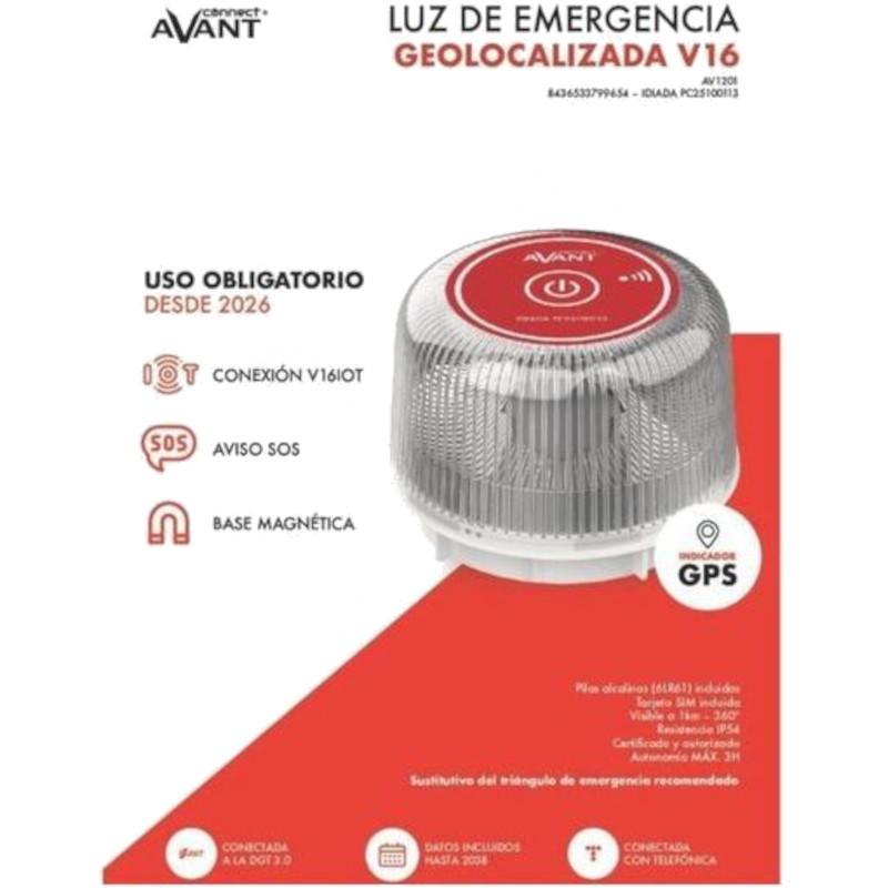 Baliza de emergência Avant AV1201 V16 com luz LED vermelha, base magnética, botão SOS, conectividade V16IoT e geolocalização GPS, homologada DGT 3.0