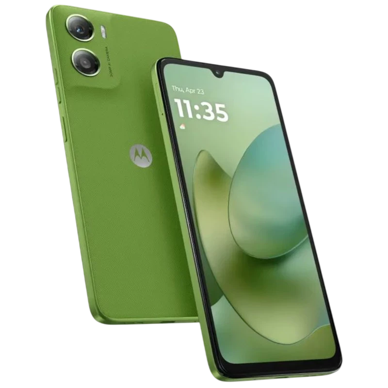 Motorola Moto G06 4GB/256GB Verde con pantalla amplia de borde fino, notch en V y doble cámara trasera con flash; acabado texturizado en color verde