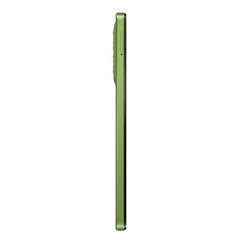Perfil lateral del Motorola Moto G06 4GB/256GB Verde con cuerpo delgado, acabado mate y módulo de cámaras sobresaliente en color verde satin ado
