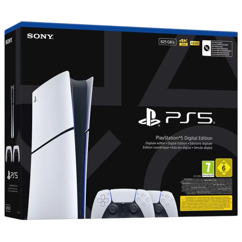 Consola PS5 Slim Digital blanca 825 GB con dos mandos DualSense blancos; diseño estilizado vertical, detalles en negro y logo PS5 en caja azul oficial