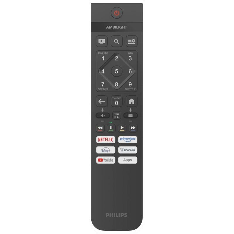 Télécommande Philips 43PUS8450/12 minimaliste, touches rétroéclairées, accès rapide Netflix Prime Video YouTube, bouton Ambilight, design noir ergonomique