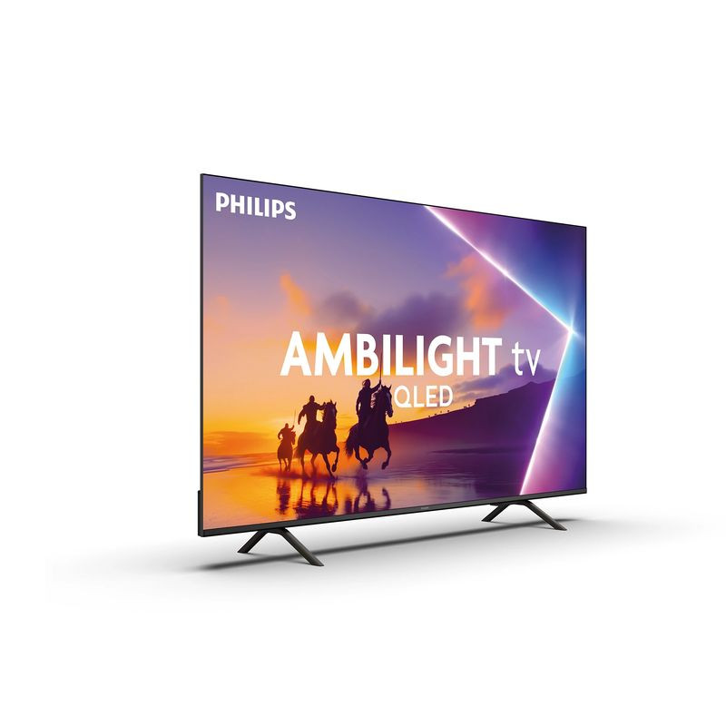 Philips 55PUS8450/12 TV 55 pouces 4K Ultra HD QLED avec Ambilight, écran fin bord à bord, pieds métalliques élégants, couleurs vives et contraste élevé