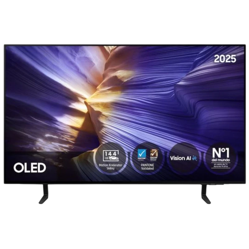 Samsung TQ42S90FAE 42 pulgadas OLED 4K Ultra HD en negro, pantalla sin marcos visibles, peana doble, logos de 144 Hz, Pantone Validated y Vision AI en pantalla