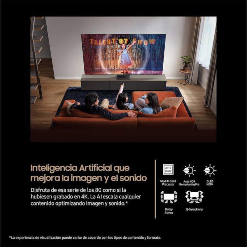 Samsung TQ42S90FAE 42 pulgadas 4K OLED negro con biseles delgados, imagen vibrante, negros profundos y sonido envolvente; ideal para sala moderna
