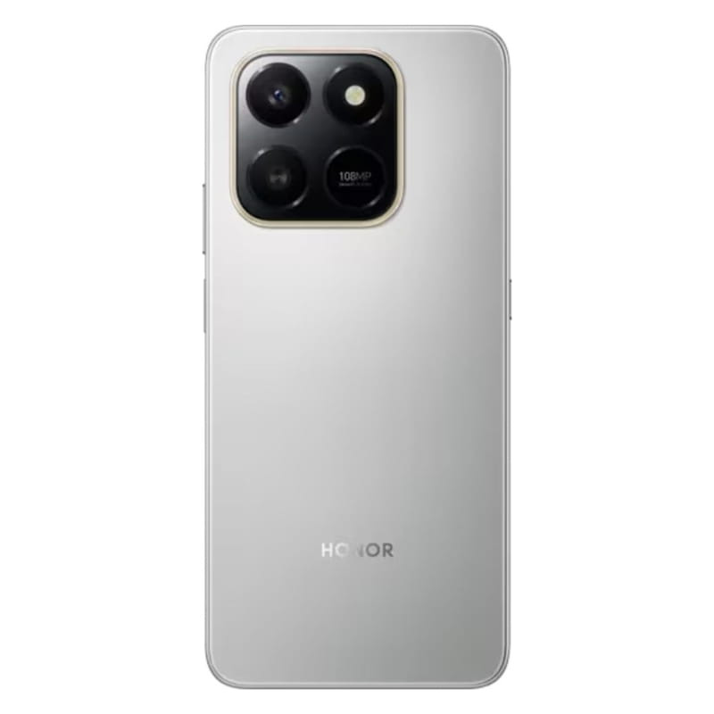 Honor X7D 6Go/128Go Argent avec dos argent mat, module photo carré noir, triple capteur dont 108 MP, bords arrondis et logo Honor centré en bas