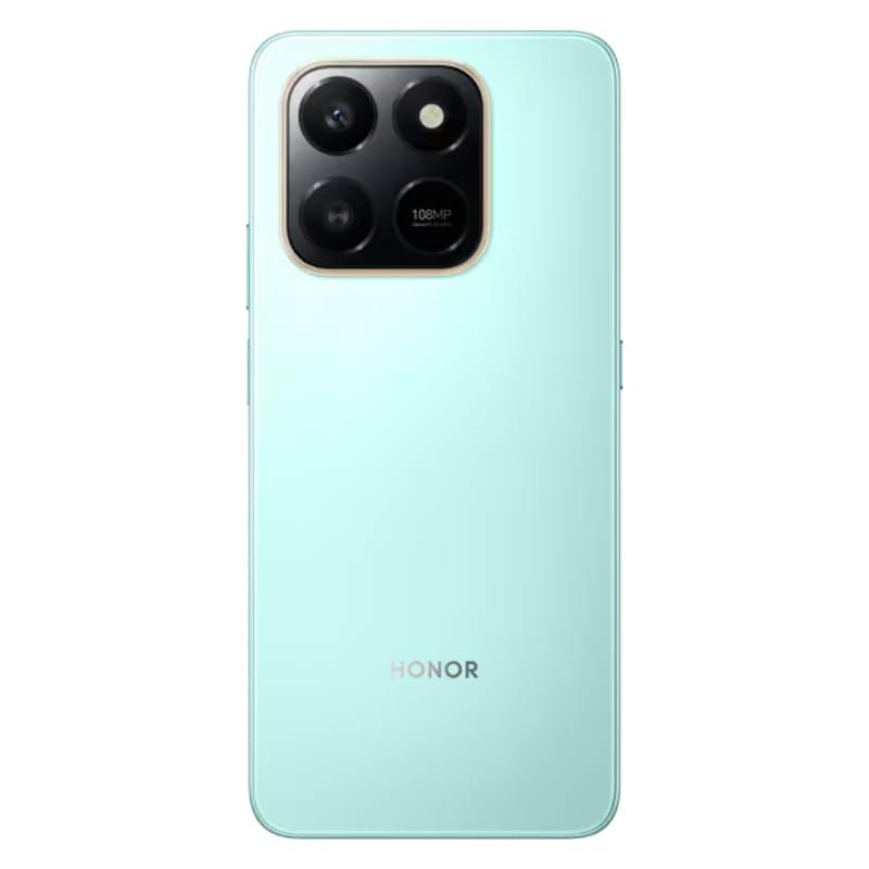 Honor X7D 6GB/128GB Cian con tapa trasera menta y módulo de cámara cuadrado triple con lente 108 MP y flash, logo HONOR centrado abajo