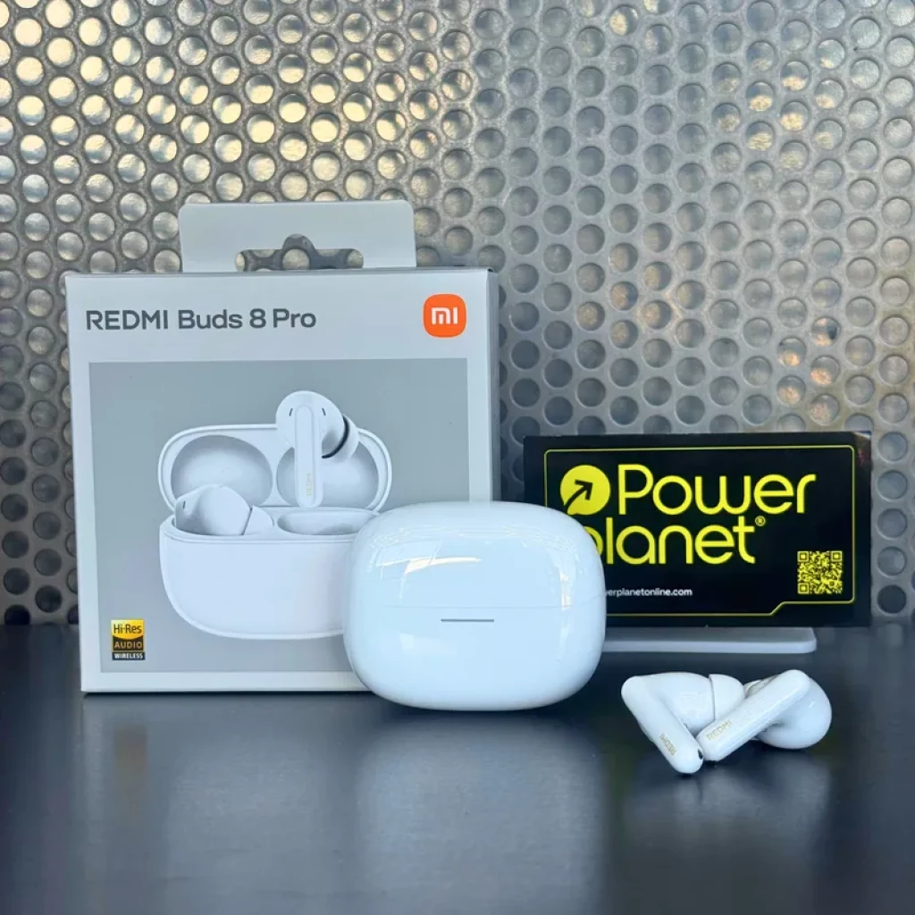 Xiaomi Redmi Buds 8 Pro ANC Blanco: estuche brillante compacto y auriculares in-ear blancos con vástago corto, acabado pulido y diseño minimalista.