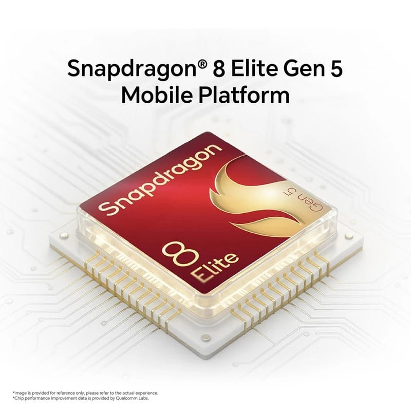 Honor Magic 8 Pro 5G 12GB/512GB Preto com chipset Snapdragon 8 Elite Gen 5 destacado em vermelho e dourado sobre placa eletrônica branca