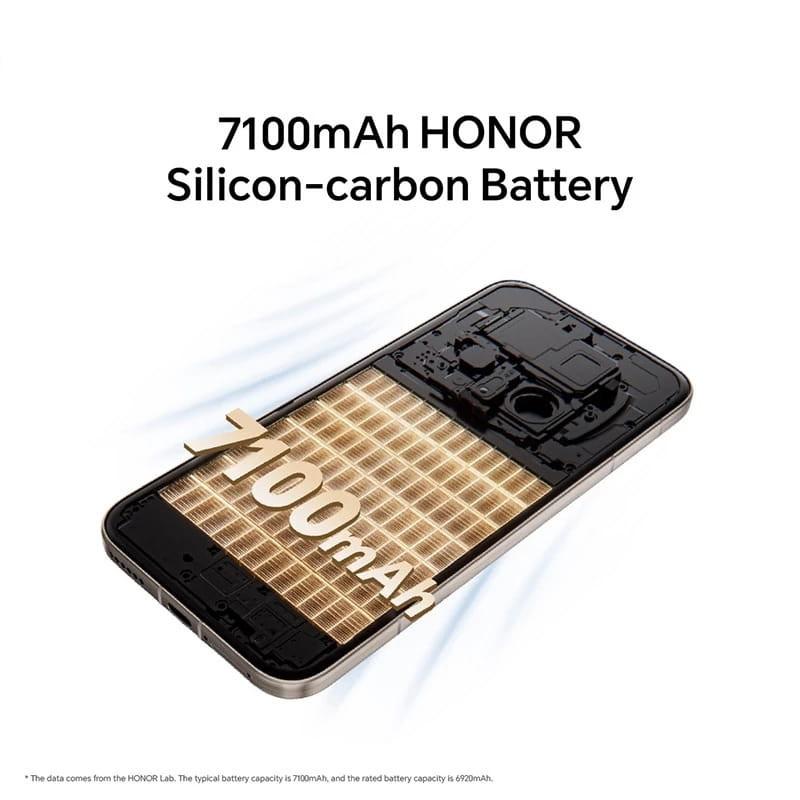 Honor Magic 8 Pro 5G 12GB/512GB Preto com bateria de silício-carbono 7100mAh destacada, design fino e módulo interno visível no corte do aparelho