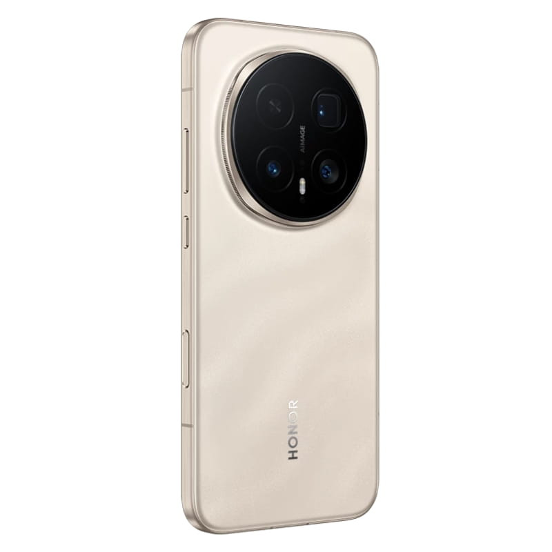 Honor Magic 8 Pro 5G dourado com traseira brilhante, módulo circular de câmeras triplas e flash, laterais metálicas com botões de volume e power