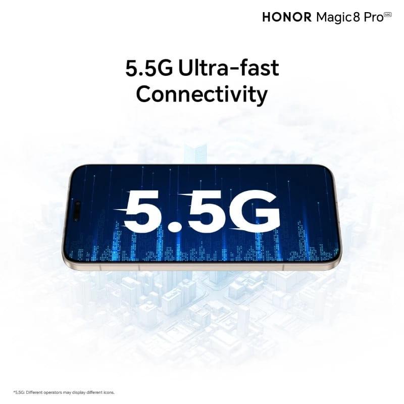 Honor Magic 8 Pro 5G 12GB/512GB dourado com tela plana ampla, bordas finas e notch discreto; destaque para conectividade 5.5G ultrarrápida na tela