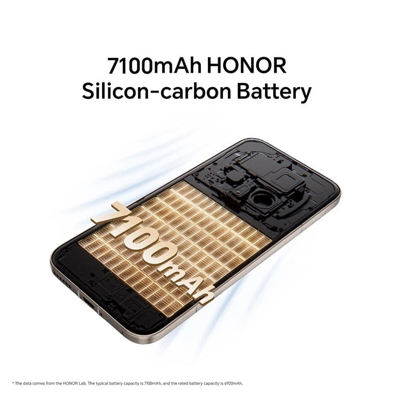 Honor Magic 8 Pro 5G 12GB/512GB Dourado com bateria de silício-carbono 7100 mAh em destaque, visual interno exibido e acabamento premium dourado