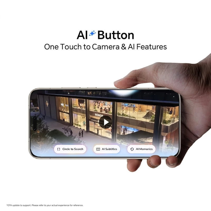 Honor Magic 8 Pro 5G 12GB/512GB Dourado em mão; tela ampla exibindo vídeo e atalhos de IA: Circle to Search, AI Subtitles e AI Memories; botão de IA