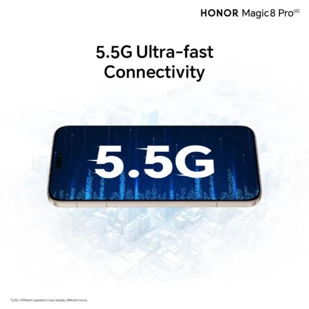 Honor Magic 8 Pro 5G 12GB/512GB dorado con pantalla amplia y bordes curvos; destaca texto 5.5G Ultra-fast Connectivity en la pantalla y marco metálico elegante