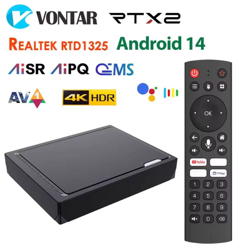 Vontar RT-X2 Android 14 con caja TV negra y mando a distancia; logos 4K HDR, AV1 y Realtek RTD1325; botones Netflix y YouTube visibles en el control remoto