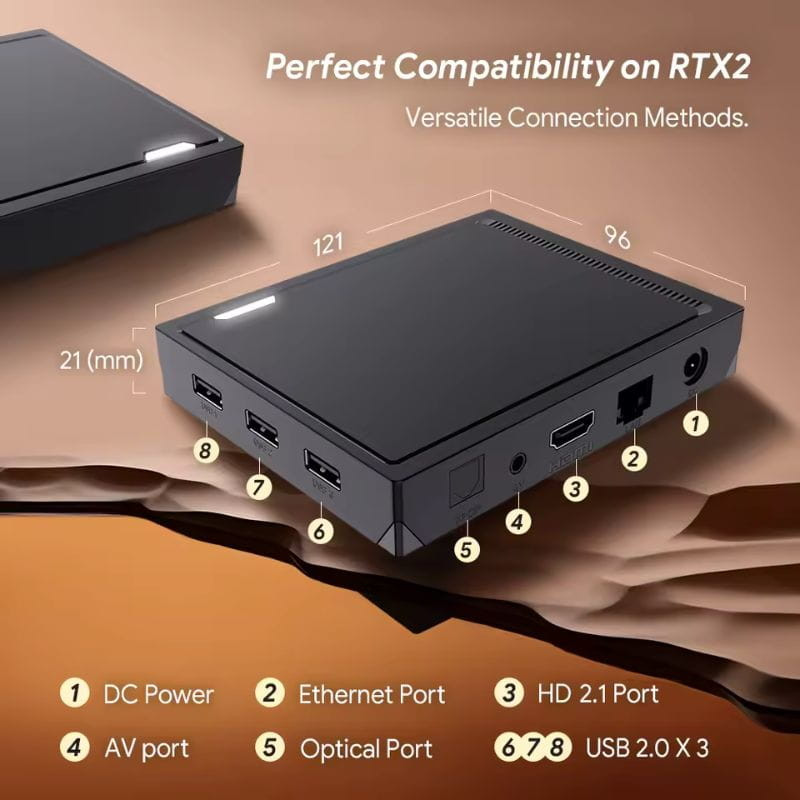 Vontar RT-X2 Android TV 4K con carcasa negra compacta, ranuras de ventilación y puertos: DC, Ethernet, AV, óptico, HDMI 2.1 y USB 2.0 x3. Medidas 121 x 96 x