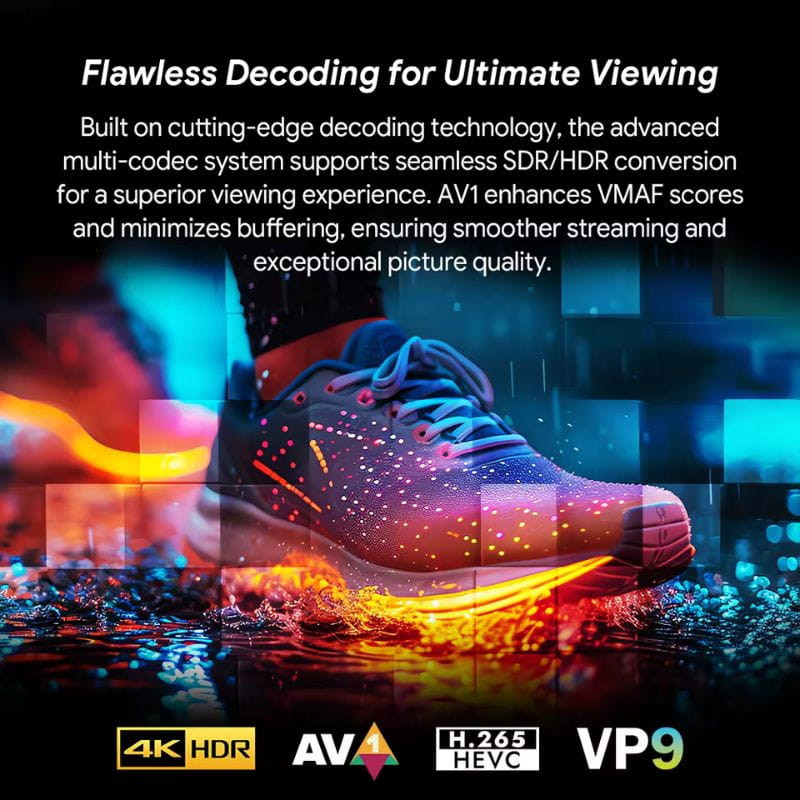Vontar RT-X2 4GB/32GB 4K Android 14 – Android TV con decodificación avanzada AV1, H.265/HEVC y VP9, soporte 4K HDR, streaming fluido y colores vibrantes