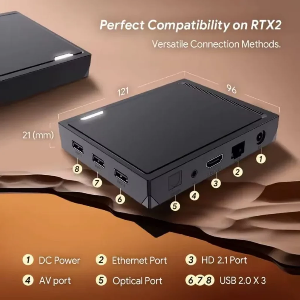 Vontar RT-X2 Android TV 4K con 4GB RAM y 64GB, caja compacta 121x96x21 mm, puertos HDMI 2.1, AV, óptico, Ethernet y 3 USB 2.0, ventilación lateral