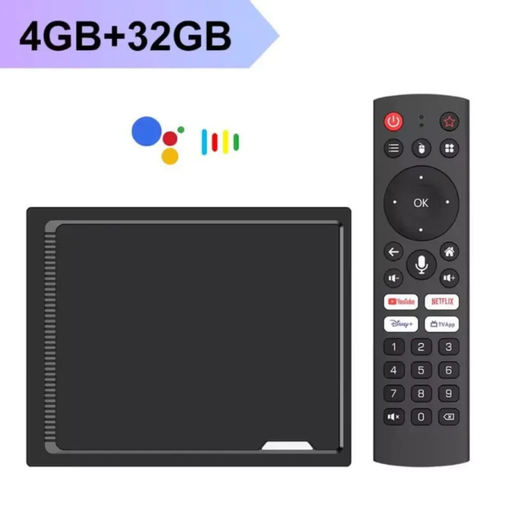 Control remoto Vontar RT-X2 con micrófono y accesos a YouTube, Netflix y Disney Plus junto a caja Android TV negra compacta con ranuras de ventilación