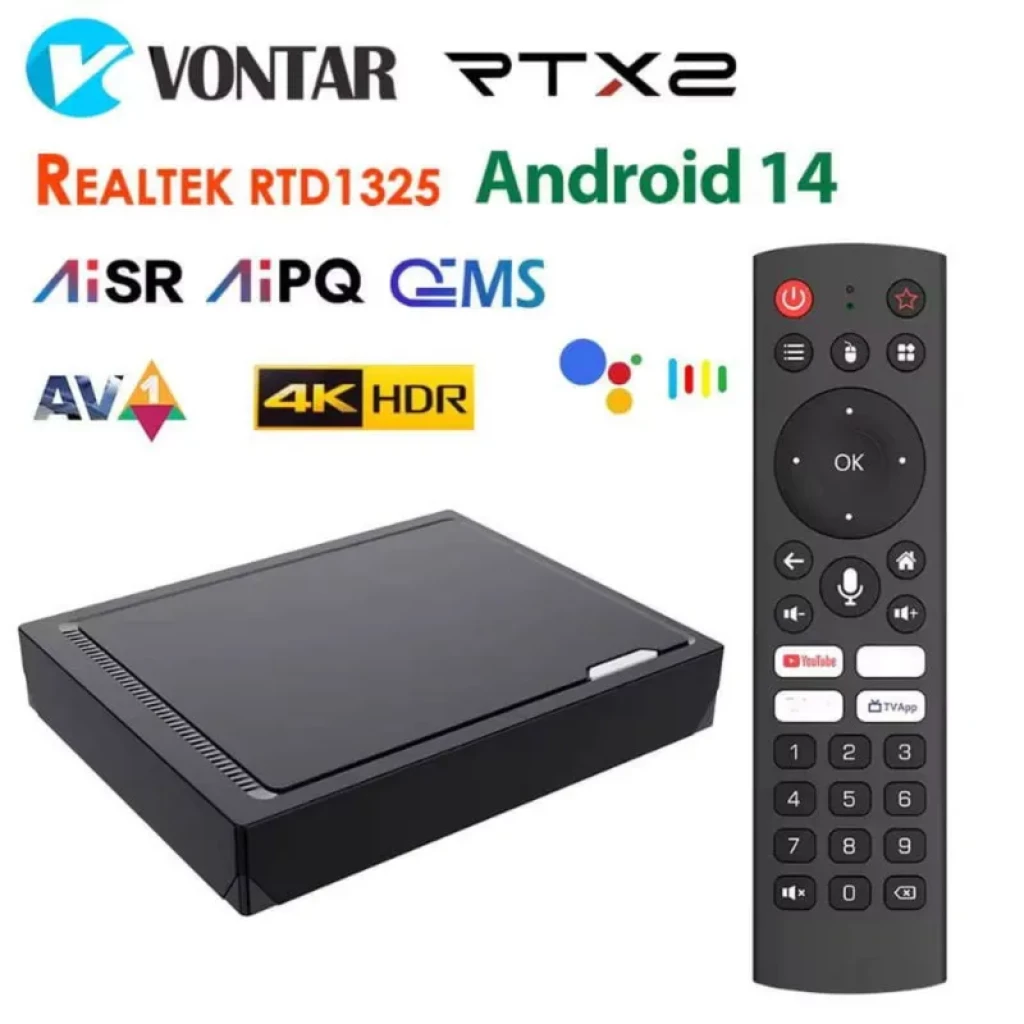 Vontar RT-X2 Android 14 con caja negra compacta y control remoto; 4K HDR, AV1, WiFi, 4GB RAM y 64GB almacenamiento, chip Realtek RTD1325