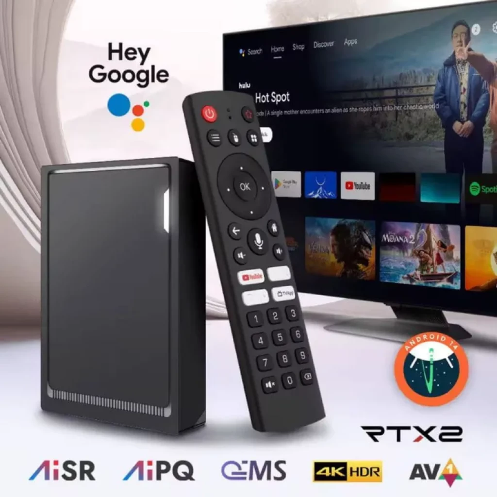 Vontar RT-X2 con Android 14, caja compacta negra y control remoto con micrófono y teclas dedicadas; compatible 4K HDR y asistentes de voz