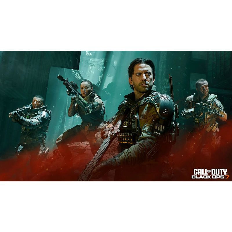 Arte de Call of Duty Black Ops 7 com quatro soldados armados em cenário urbano sombrio, tons escuros e vermelho, foco em líder ao centro com rifle