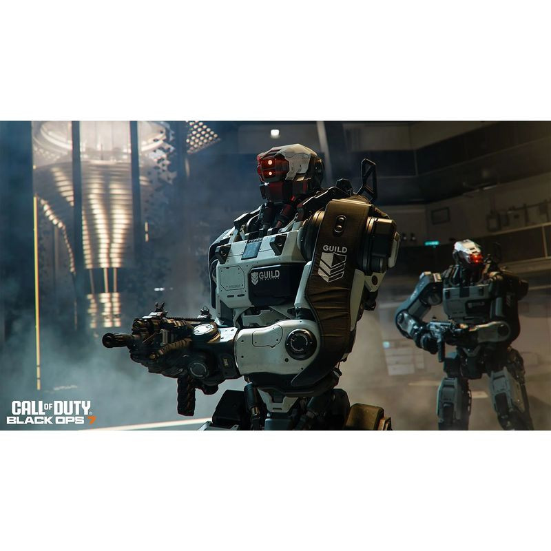 Robôs blindados armados em ambiente futurista, com iluminação fria e detalhes metálicos; destaque para Call of Duty Black Ops 7 na cena