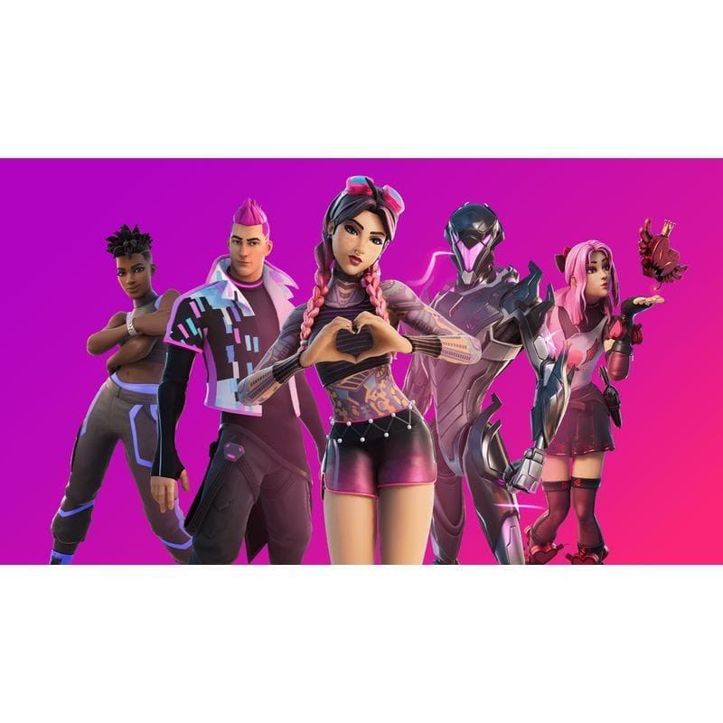 Arte promocional do Fortnite Cobalt Star: personagens estilizados em rosa e roxo, trajes futuristas, cabelo rosa, armaduras brilhantes e poses dinâmicas