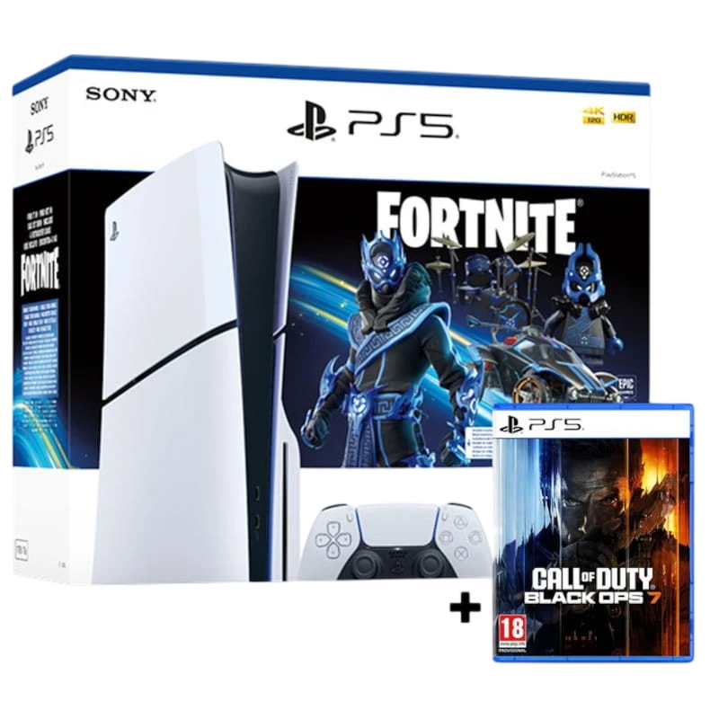 PlayStation 5 Slim branco com leitor, 1 TB, controle DualSense, caixa temática Fortnite Cobalt Star e jogo Call of Duty Black Ops 7 em mídia física