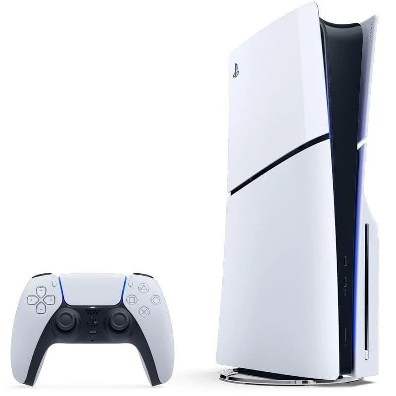 Playstation 5 Slim Leitor 1 TB com design branco elegante, iluminação azul, entrada para discos e controle DualSense branco com detalhes pretos