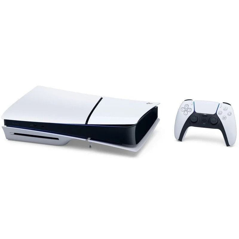 Console PS5 Slim branco com leitor de disco e controle DualSense; design compacto, acabamento bicolor e portas frontais visíveis