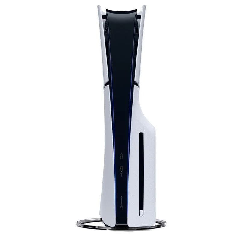 Console PS5 Slim branco em pé com leitor de disco, design bicolor, USB frontal e base circular; acabamento elegante e linhas curvas