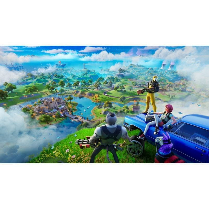 Cena vibrante de Fortnite com personagens armados observando mapa colorido do alto, céu com nuvens e lago ao centro; estilo cartunesco e cores vivas