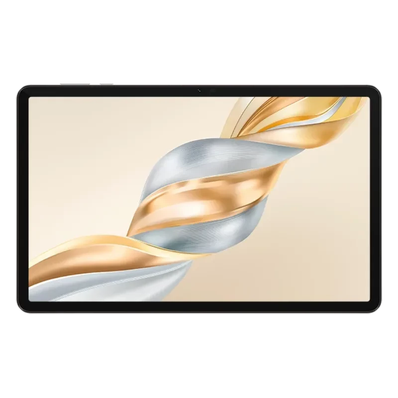 Tableta Honor Pad X9a con pantalla de 11 pulgadas, biseles delgados y cámara frontal centrada; diseño frontal en negro con gráfico dorado y plateado en
