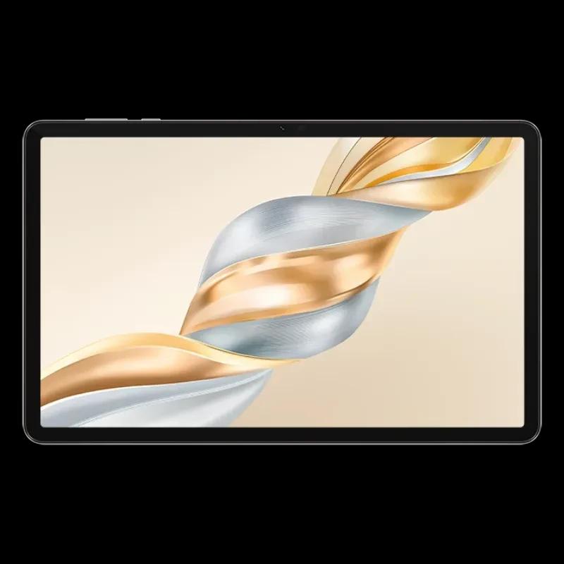 Tableta Honor Pad X9a con pantalla de 11 pulgadas, biseles delgados y cámara frontal centrada; diseño frontal en negro con gráfico dorado y plateado en