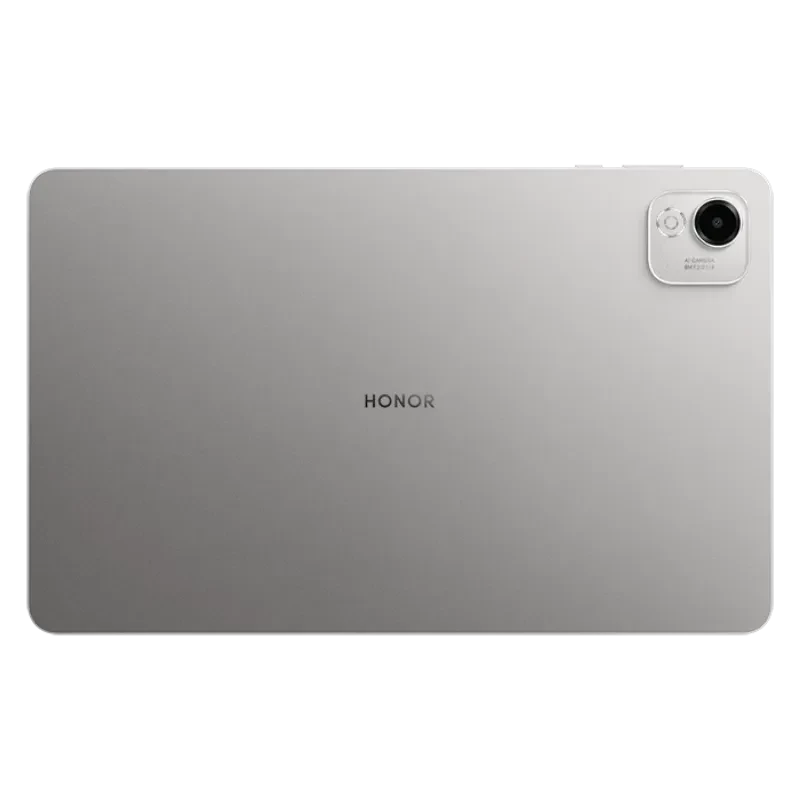Honor Pad X9a gris con trasera metálica, cámara trasera única en módulo cuadrado elevado y logo central HONOR; diseño delgado y minimalista