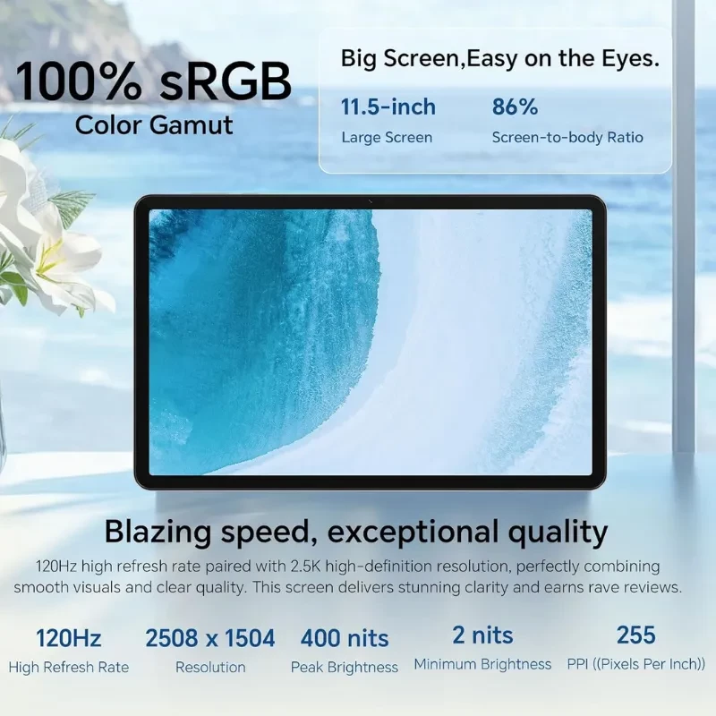 Tablet Honor Pad X9a con pantalla 11.5 pulgadas, marcos delgados 86 por ciento, panel 2.5K 2508x1504, 120 Hz, brillo 2 a 400 nits, 100 por ciento sRGB