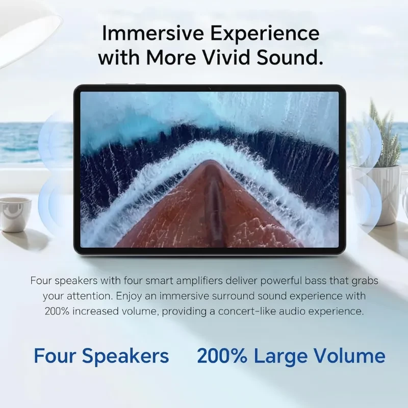 Tableta Honor Pad X9a con pantalla de 11 pulgadas, biseles delgados y cuatro altavoces; muestra imagen de mar desde proa, enfocada en sonido envolvente