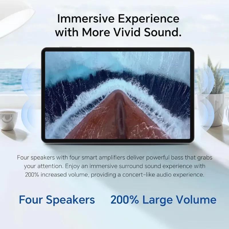 Tableta Honor Pad X9a con pantalla de 11 pulgadas, biseles delgados y cuatro altavoces; muestra imagen de mar desde proa, enfocada en sonido envolvente
