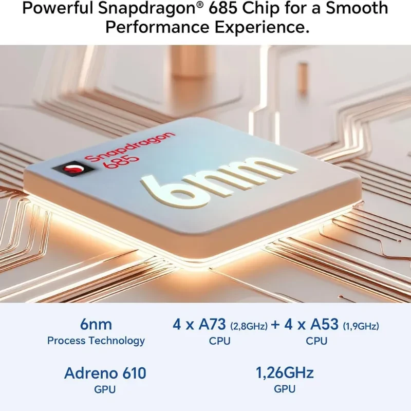 Honor Pad X9a con chip Snapdragon 685 de 6 nm, CPU 4xA73+4xA53, GPU Adreno 610 a 1,26 GHz; diseño de circuito dorado resaltando el procesador