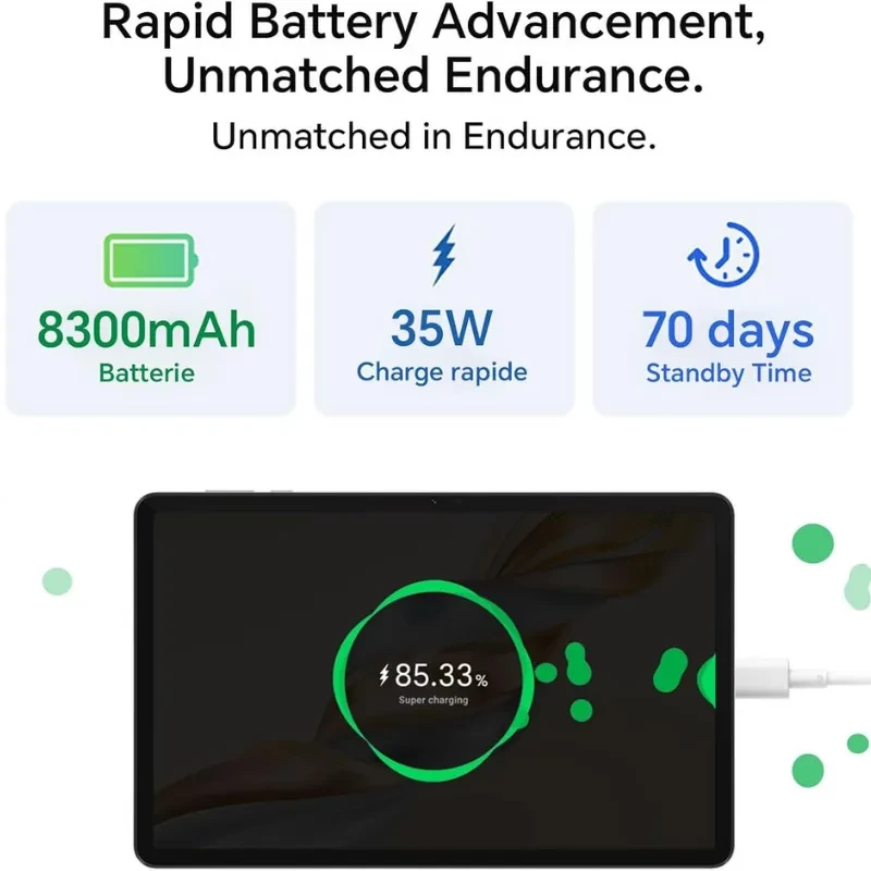 Honor Pad X9a tablet negra con pantalla de 11 pulgadas, borde delgado, indicador de carga al 85.33 por ciento y cable conectado, diseño moderno y minimalista