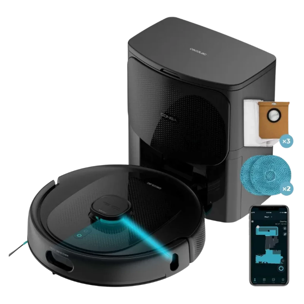 Cecotec Conga 9990 AI con base de autovaciado, robot negro con sensor láser, depósito y mopas incluidas, control por app y accesorios de repuesto