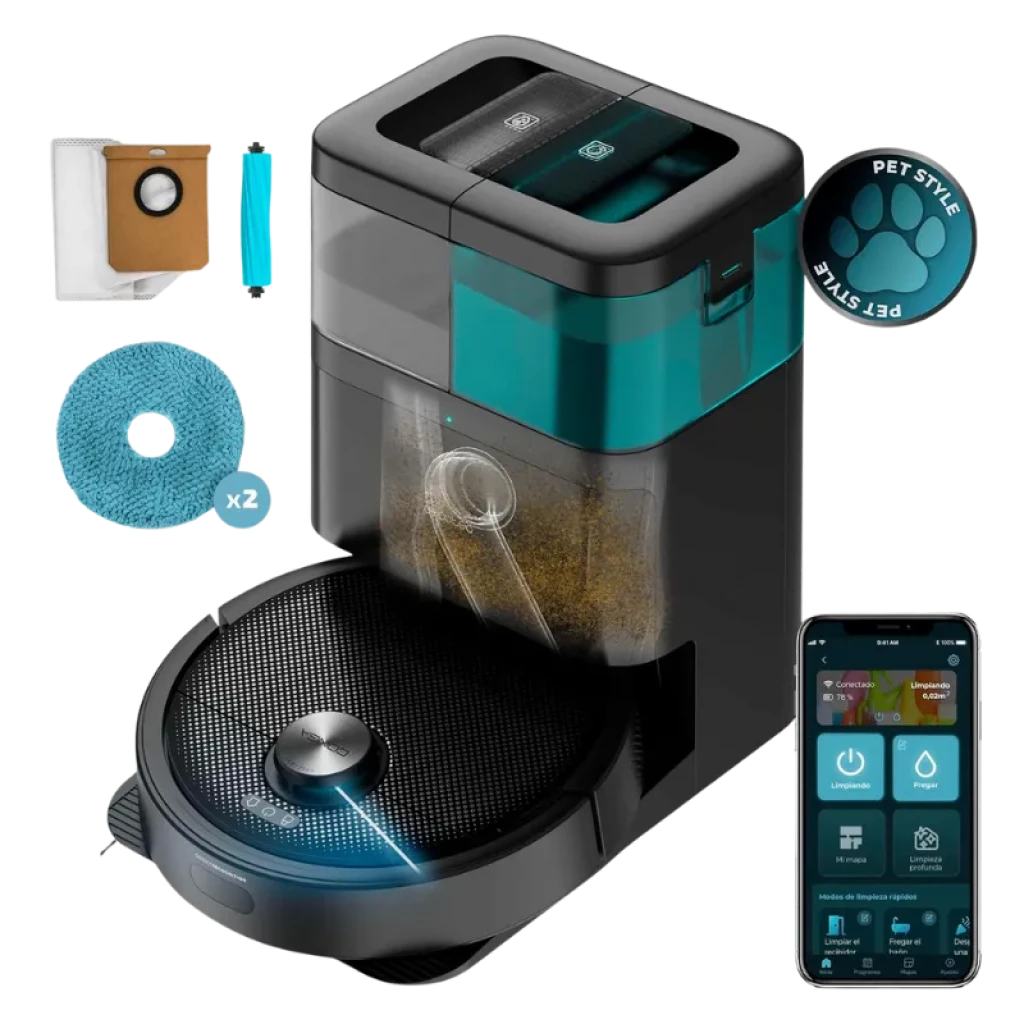 Cecotec Conga 15090 SpinArm con base de autovaciado, depósito visible, cepillo lateral, bolsa de polvo, mopa x2 y control por app